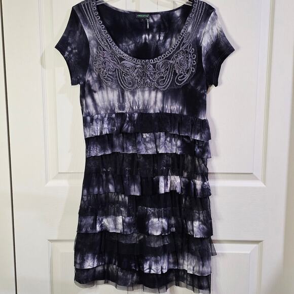 Tricotto Dress Womens L Boho Festival Romantic Tie-Dye Ruffle Embroidery Black - Picture 9 of 9